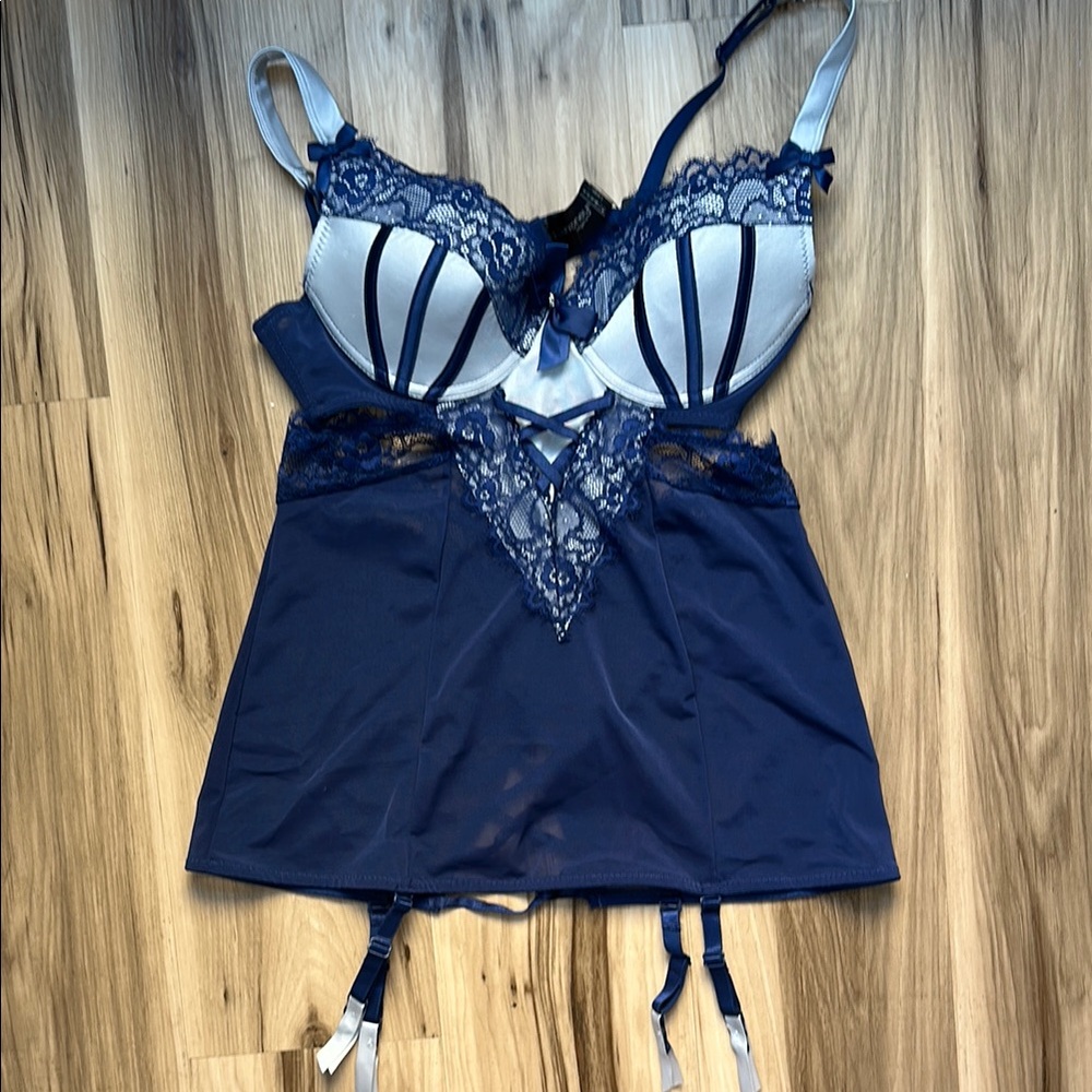Blue Lace bra mesh teddy set